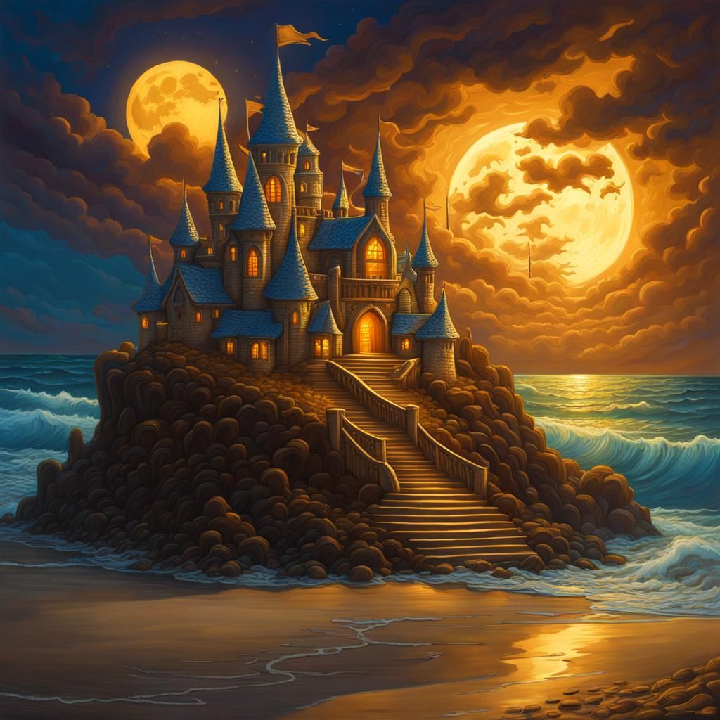 Golden Gothic Sandcastle Melts in Stormy Moonlight