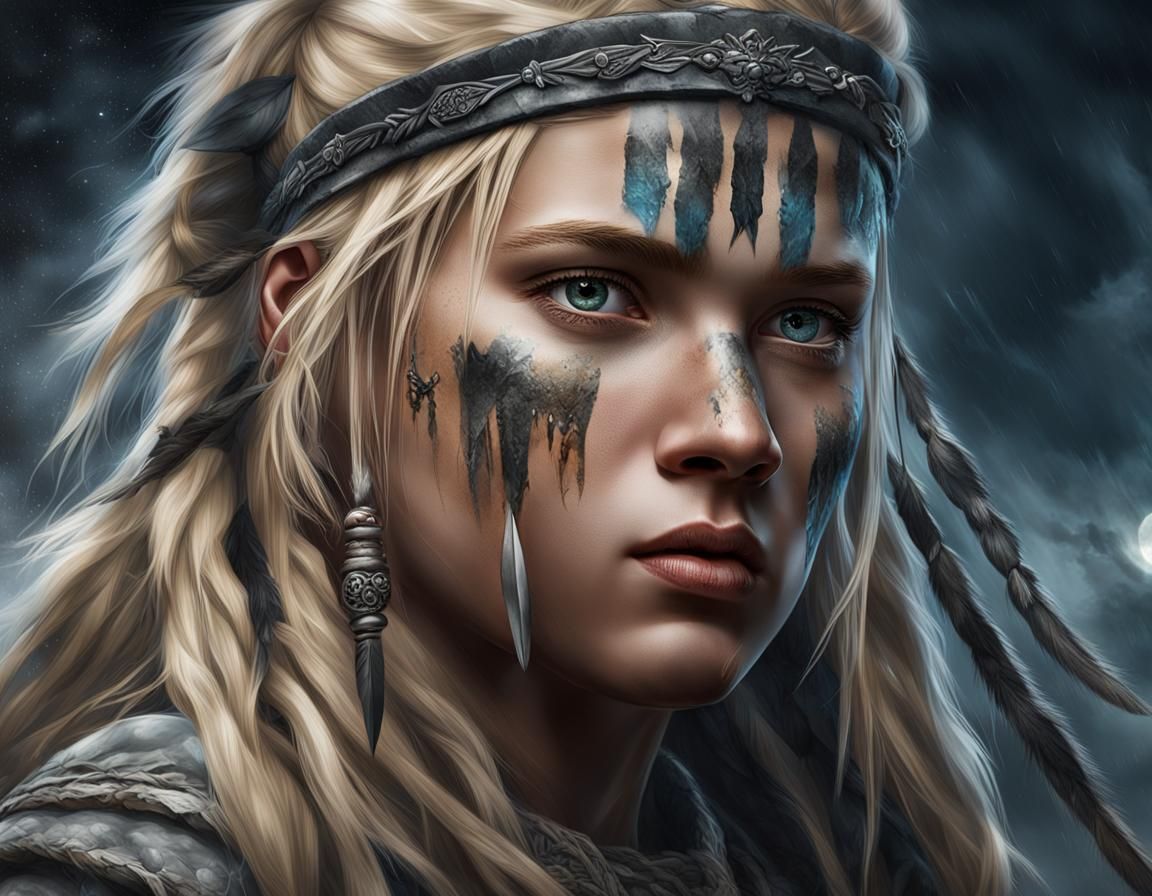 Teutonic Warrior Girl Portrait in Moonlight