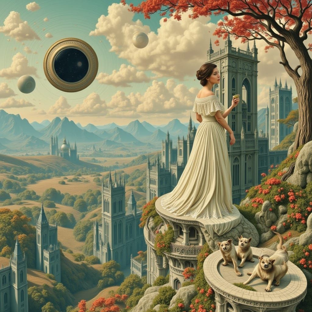 Elegant Woman Overlooking Landscape in Art Nouveau Style
