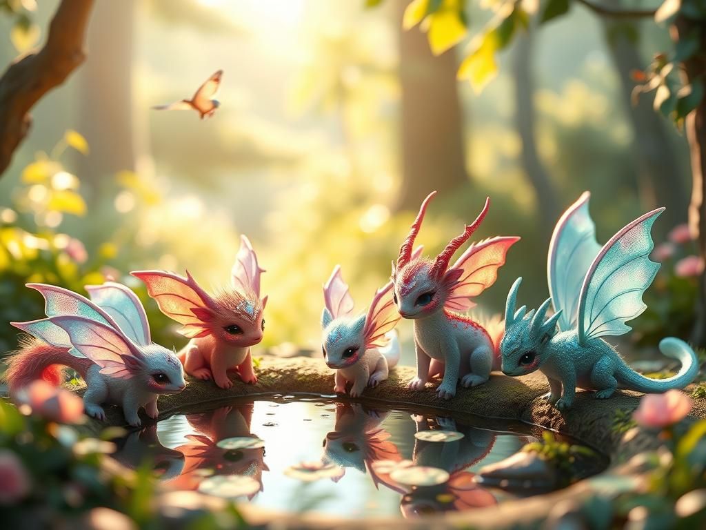 Fantasy Creatures Gather at Forest Pond in 3D Anime Style
