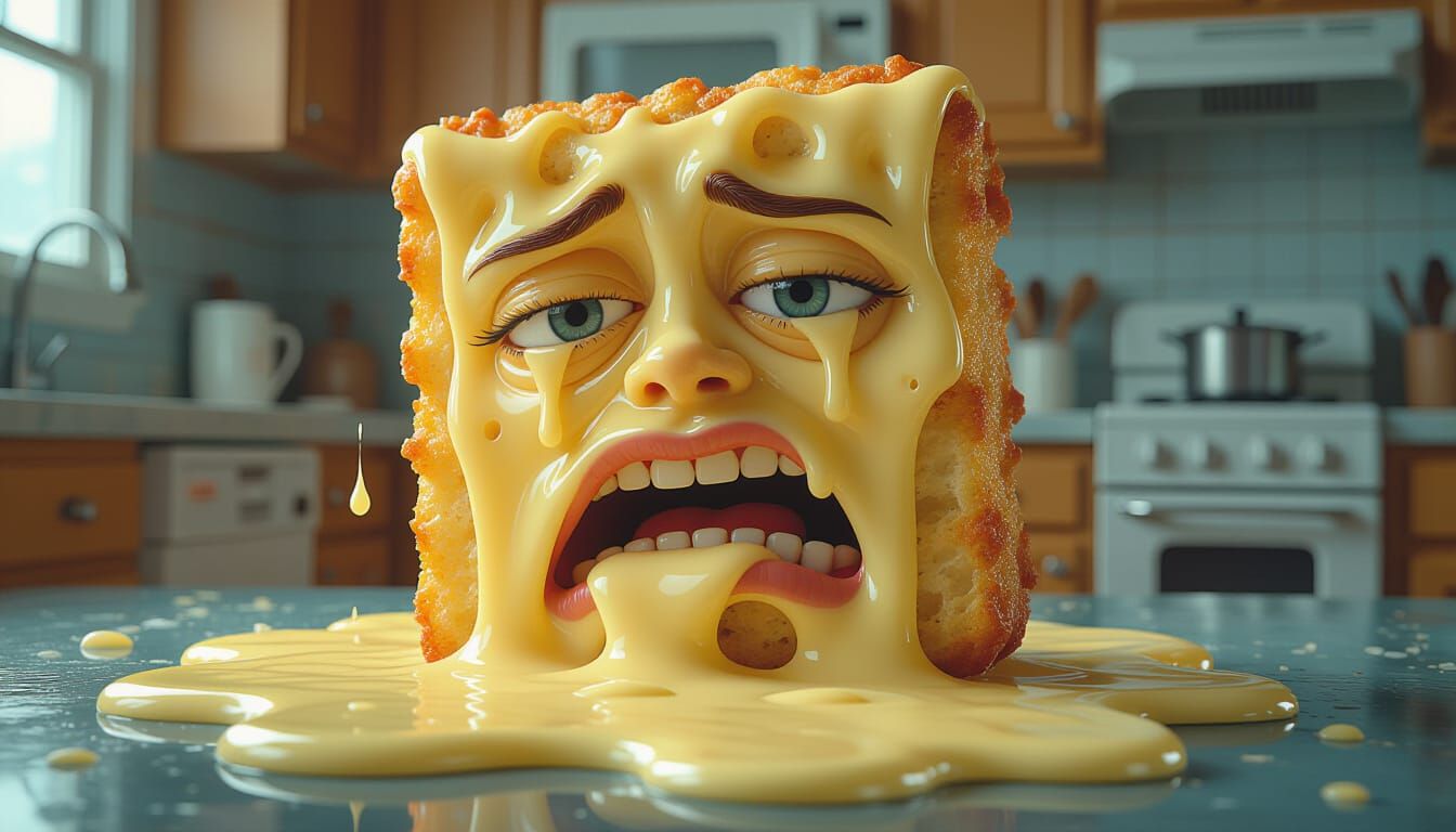Surreal Melting Mozzarella Stick Portrait in Grotesque Style