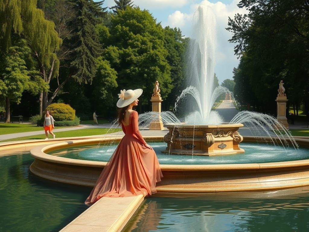 Lady at Baroque Fountain, Dreamy Realism Style
