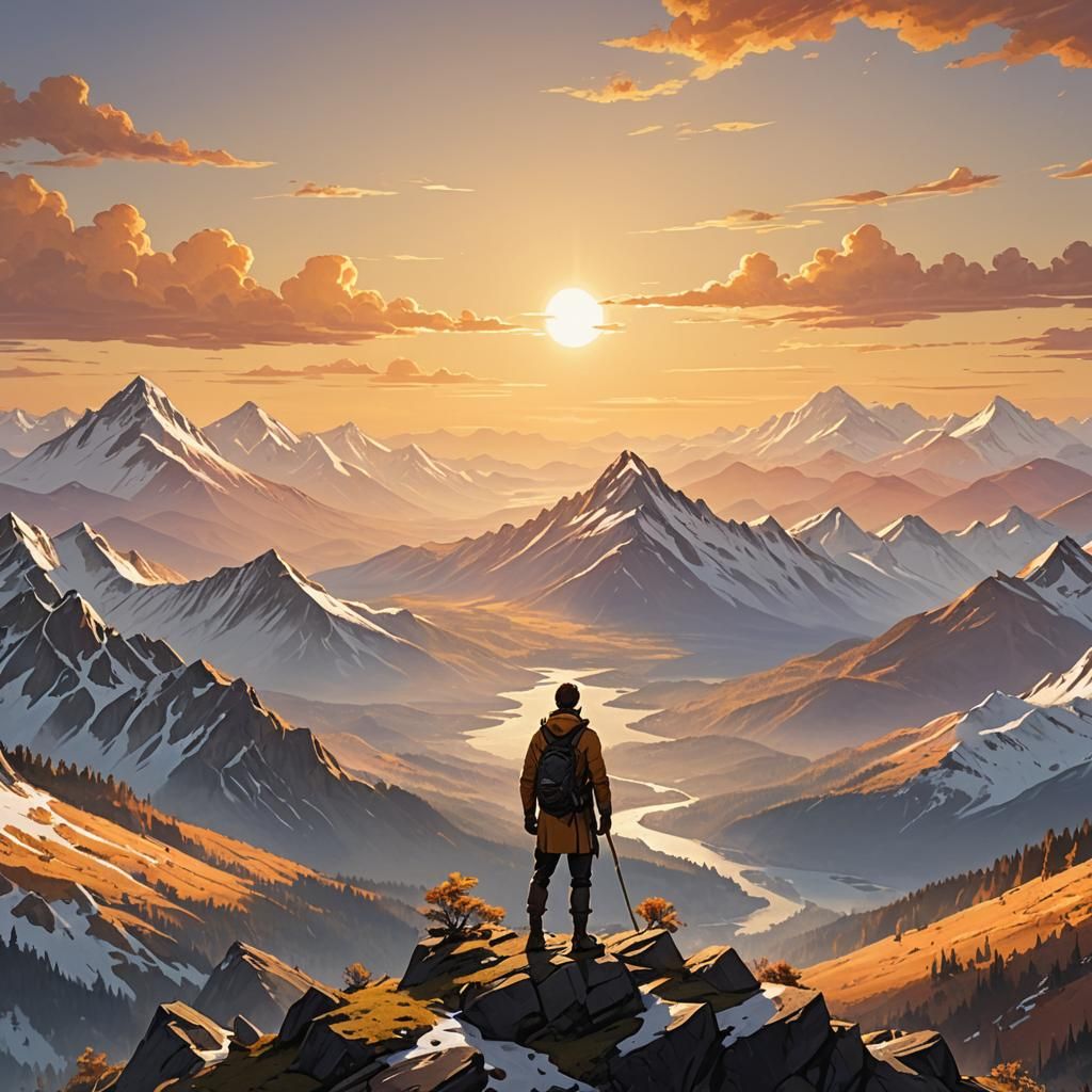 Adventurer Gazes at Unknown Horizon in Fantasy Landscape