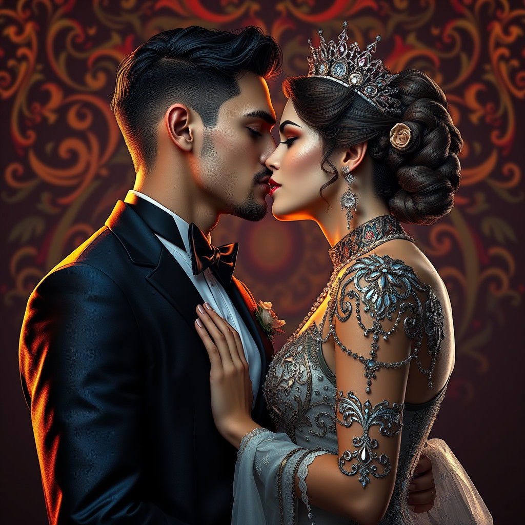 Romantic Kiss in Art Nouveau Style