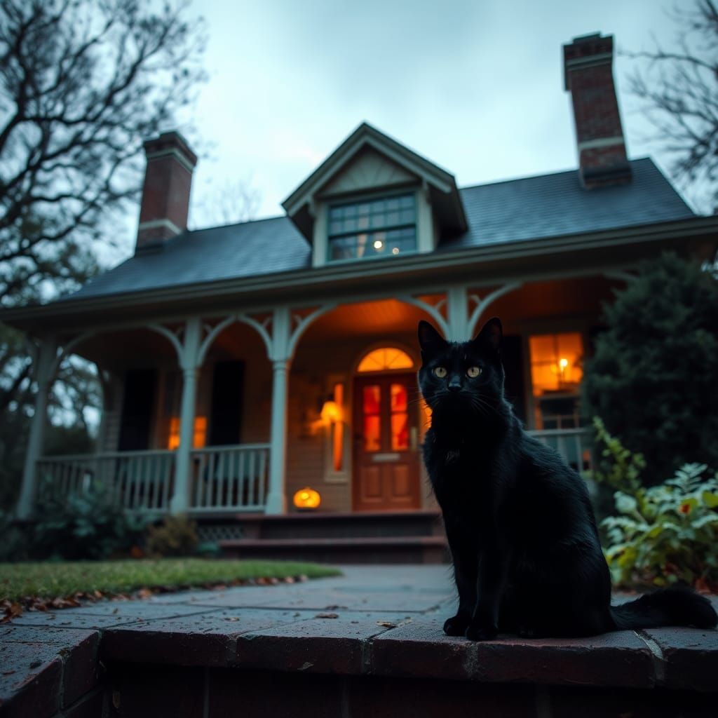 Black Cat on Haunted House Porch, Morning