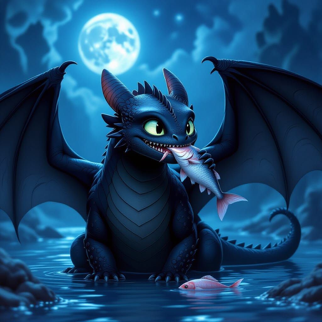 Night Fury Dragon Enjoys Fish in Moonlit Fantasy