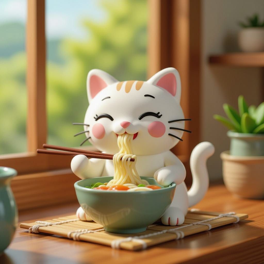Cat Savoring Ramen in Whimsical Clay Anime Style