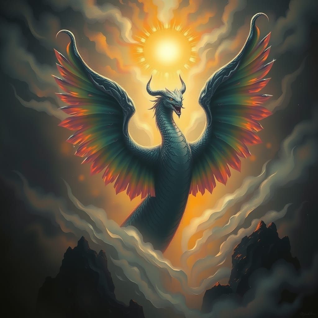 a colossal, mythical creature with curved horns and scaly, m...