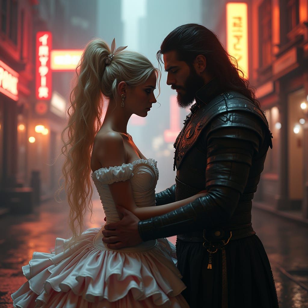 Cyberpunk Warrior Lord and Bride in Neon Cityscape