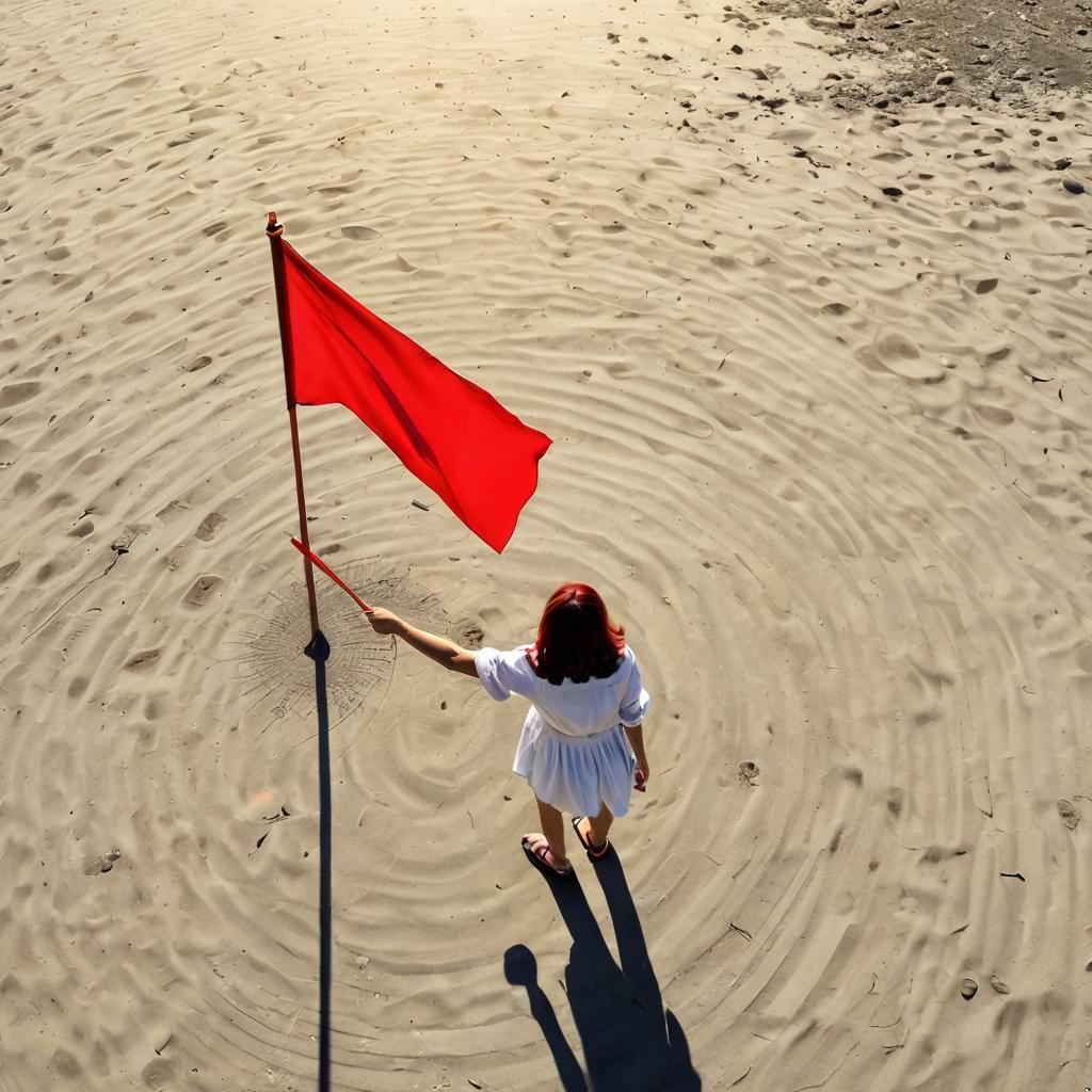 Woman with Red Flag in Empty Landscape