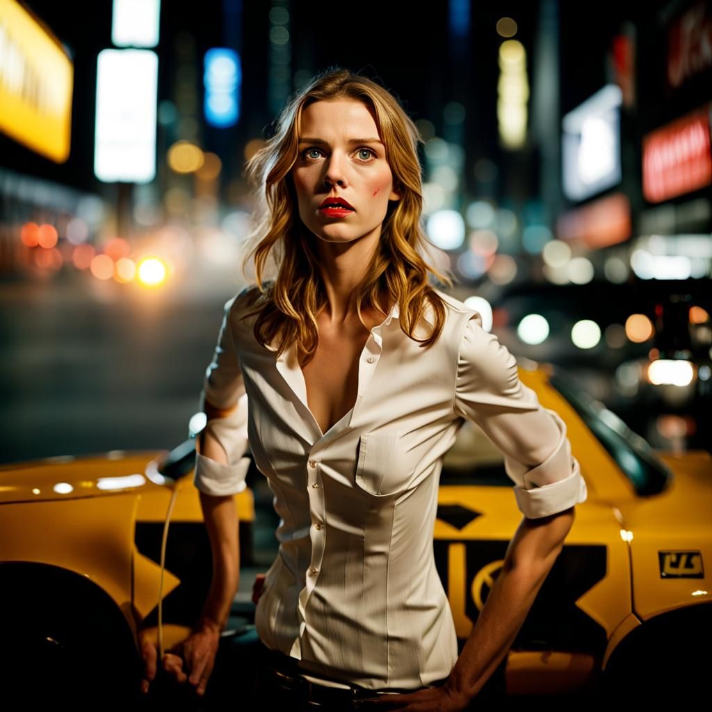 Woman Hailing Taxi at Night: Professional Portrait
