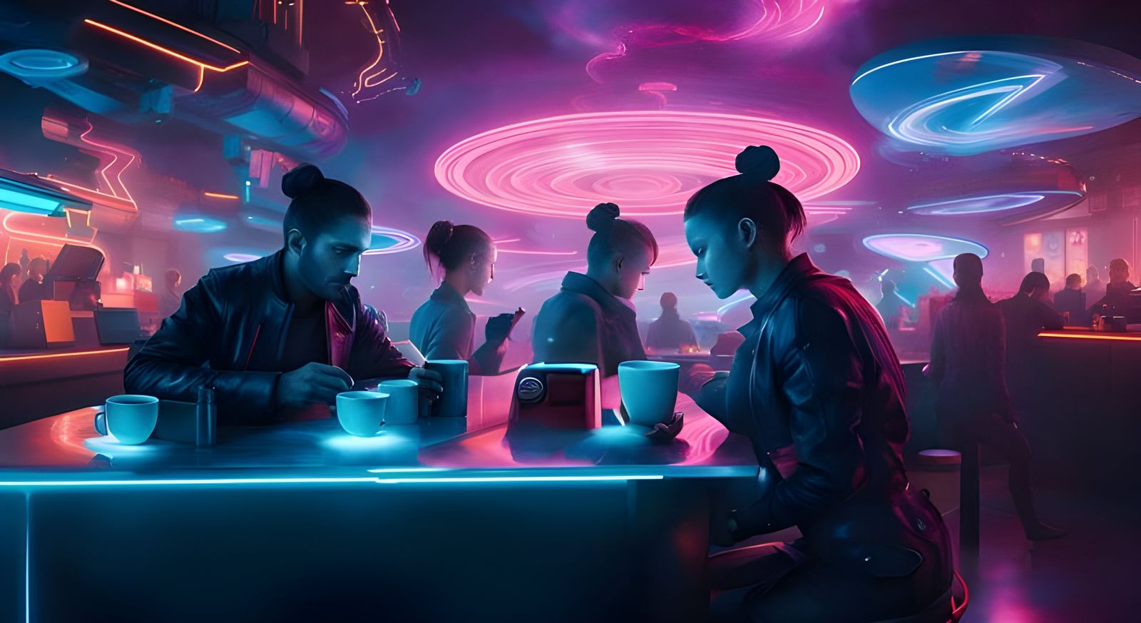 Cyberpunk Coffee Shop in Space with Neon Lights
