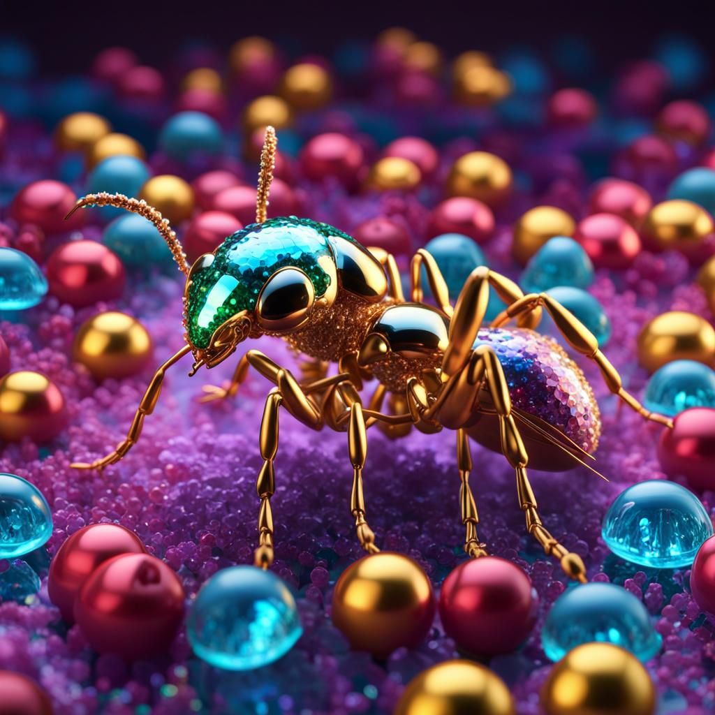 Bioluminescent Crystal Ant on Candy Cloud: Hyperreal Art