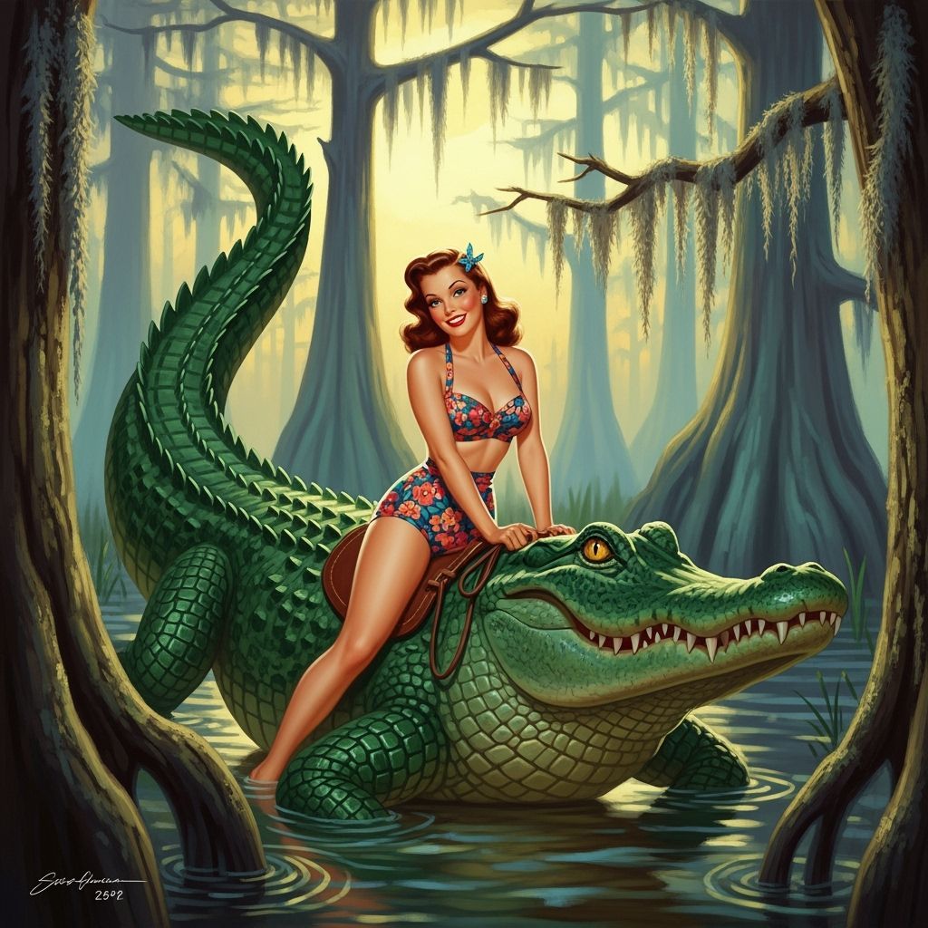 Vintage Pinup Rides Alligator Through Mystical Swamp