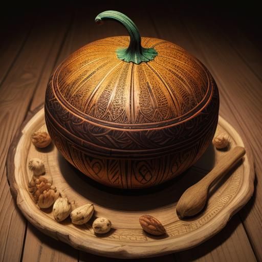 Colorful Carved Gourd Bowl with Nuts, Matte Painting
