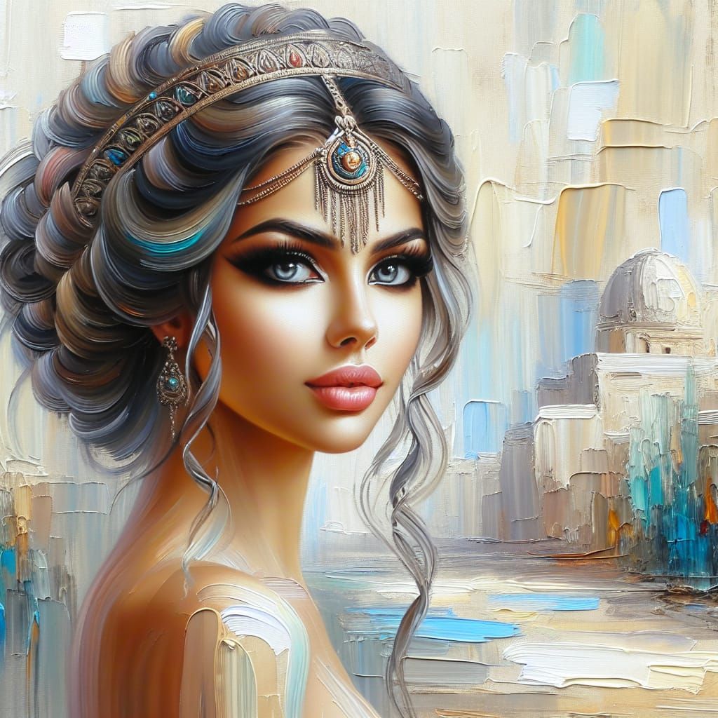 Egyptian Woman in Oil Painting with Dreamy Eyes