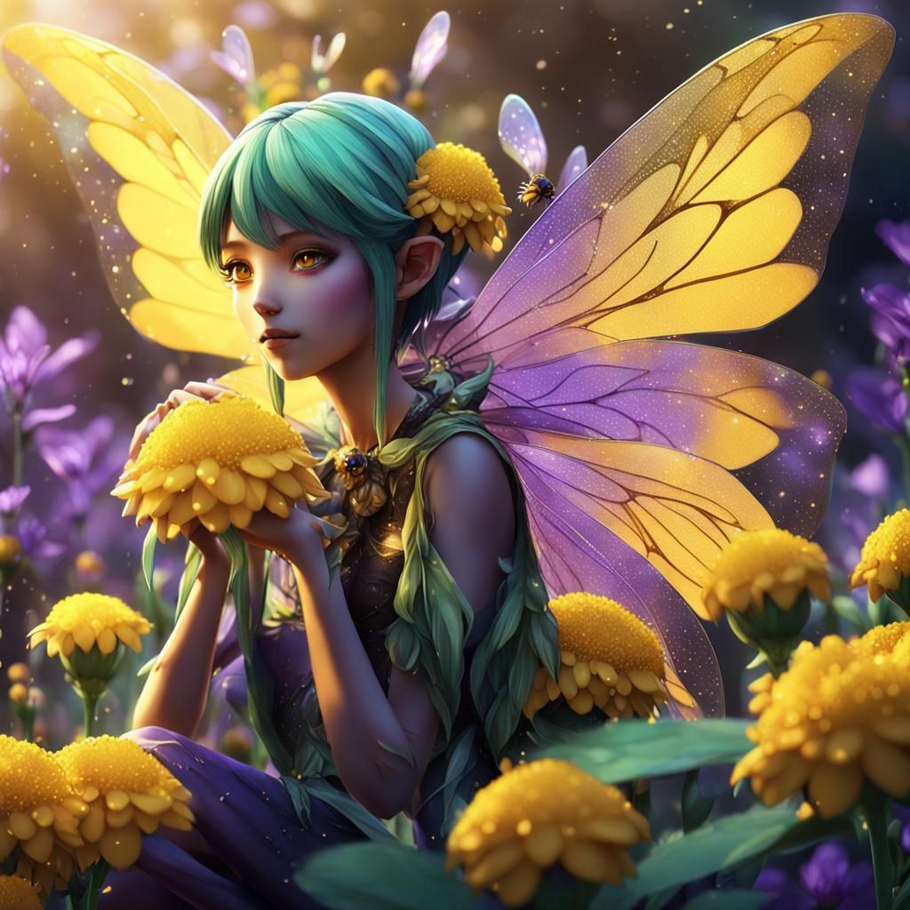Anime Fairy on Flowers in Dreamy Lighting
