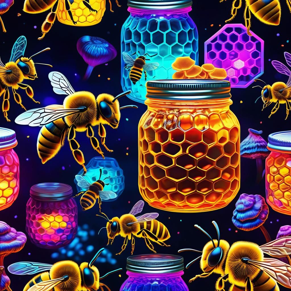 Trippy Neon Bees Harvesting Psychedelic Mushrooms: 3D Render