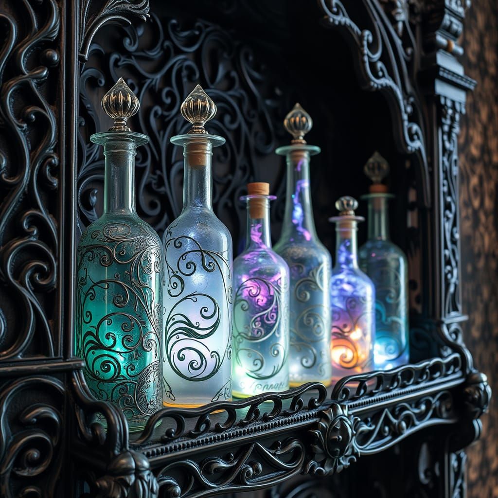 Mysterious Glass Bottles on an Ornate Shelf
