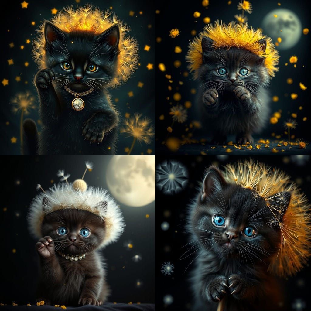 Vibrant Kitten Wears Whimsical Dandelion Hat on Windy Night