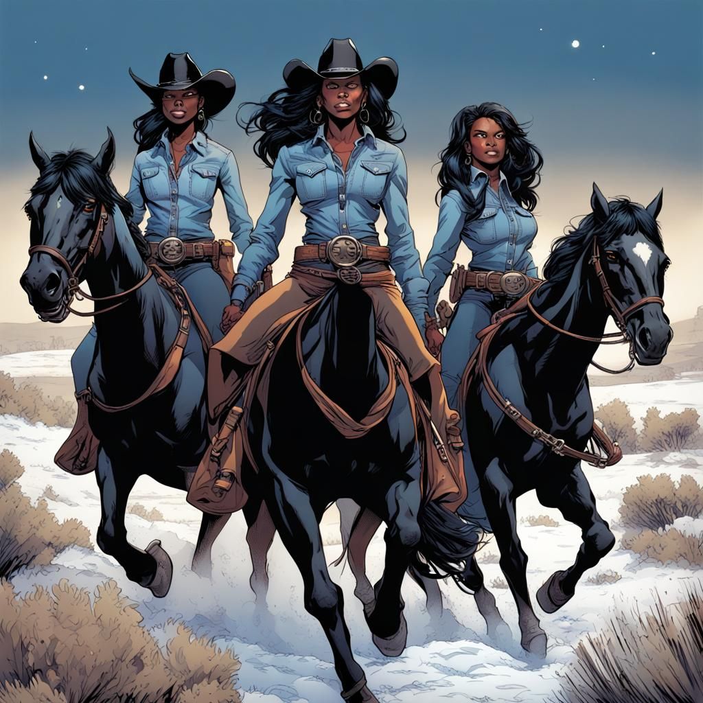 Undead Cowgirls on Black Horses in Snow