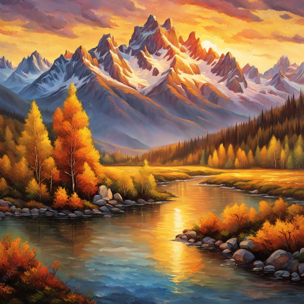Majestic Mountain Range at Sunrise: Oil Painting