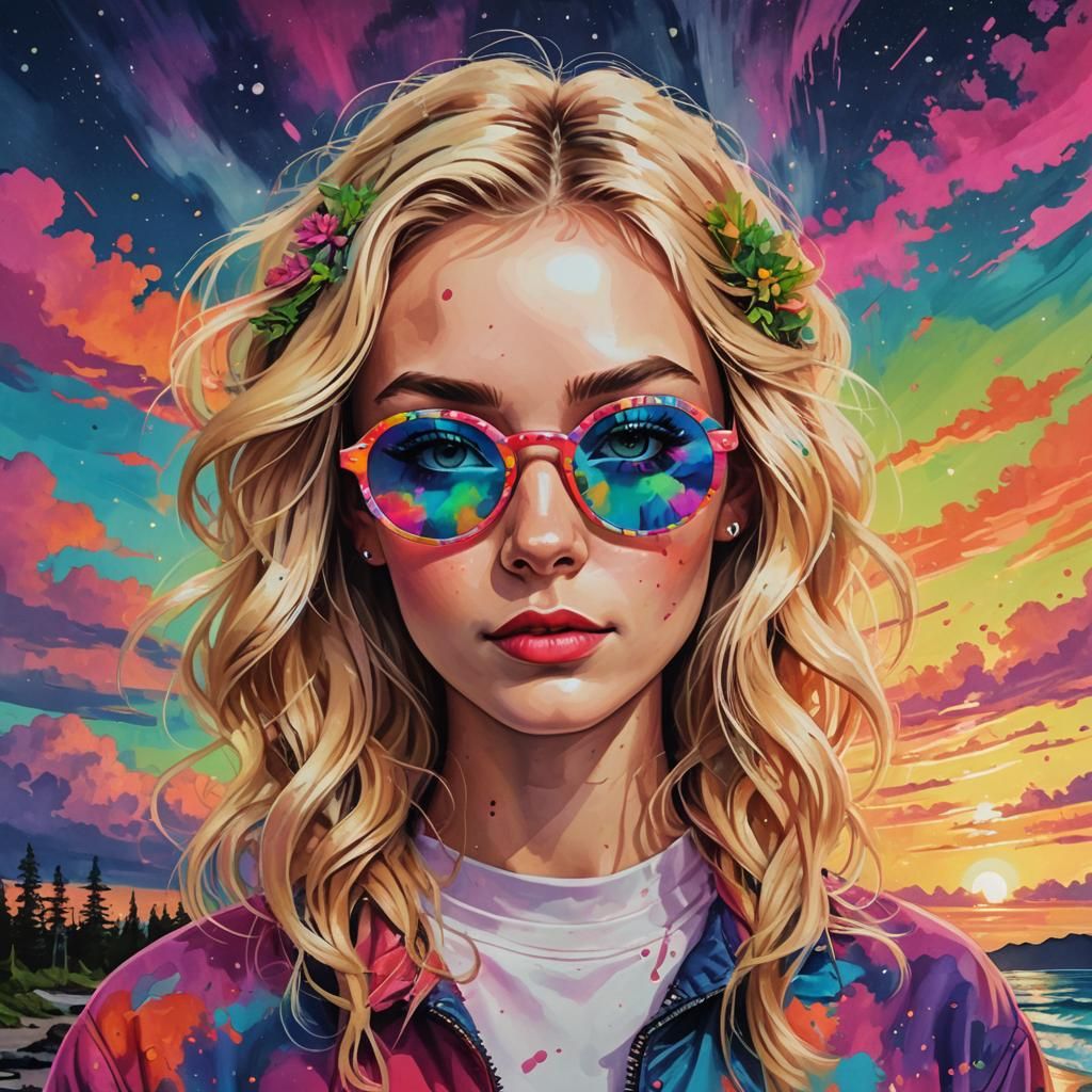 Funky Girl with Vibrant Clouds and Northern Lights