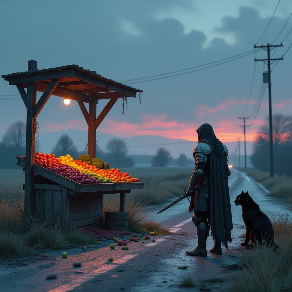 Post-Apocalyptic Warrior and Panther on Desolate Road