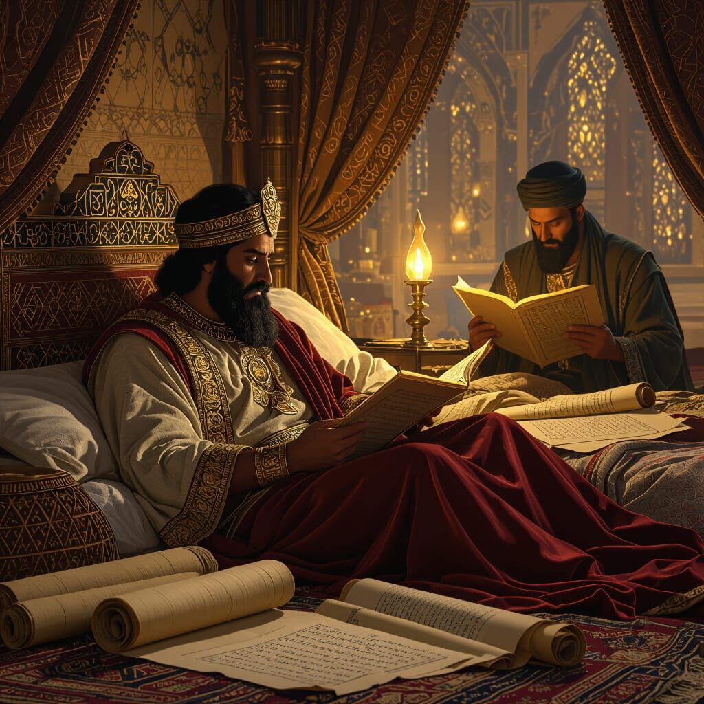 Sleepless Persian King in Biblical Art Style