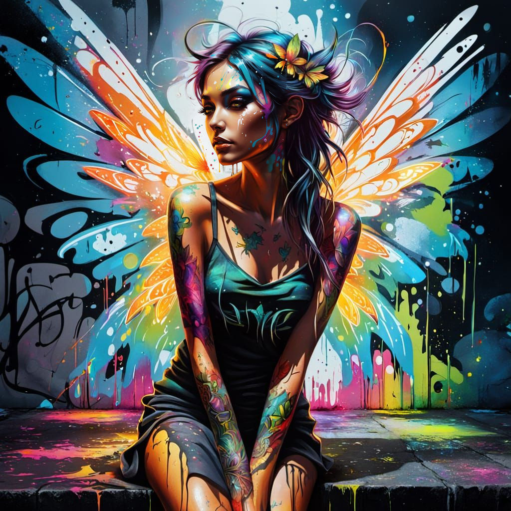 Vibrant Street Art Fairy with Melting Wings