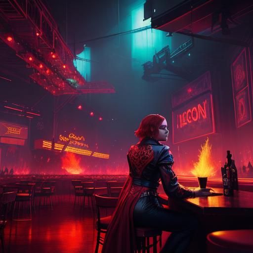 Woman in Red Silk at Bonfire Disco, Digital Painting