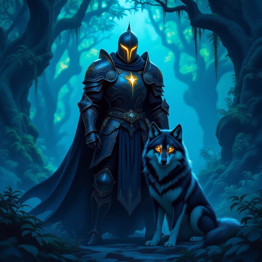 Knight Guards Bioluminescent Forest with Spectral Wolf