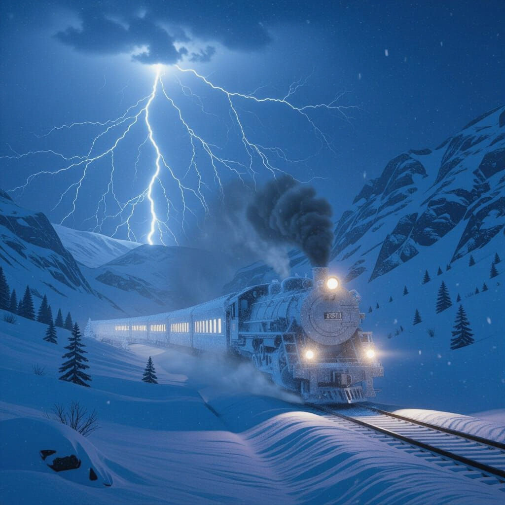 Camouflaged Military Train Speeds Through Snowy Valley at Ni...