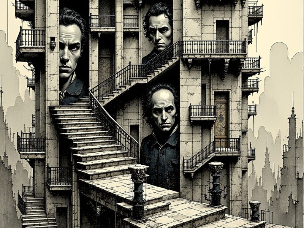 Escher-Inspired Staircase of Chaos in a Pop Art Aesthetic