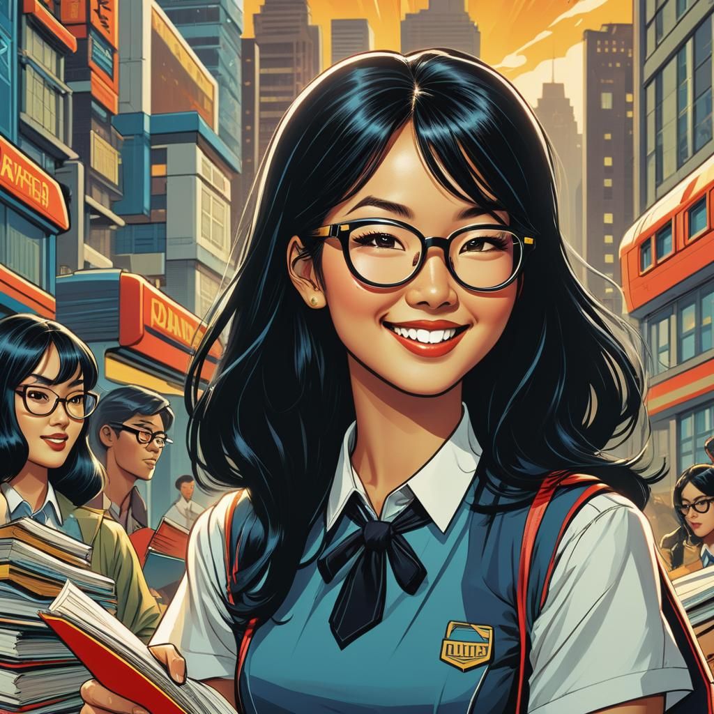 Asian Schoolgirl in Retro Comic Book Style