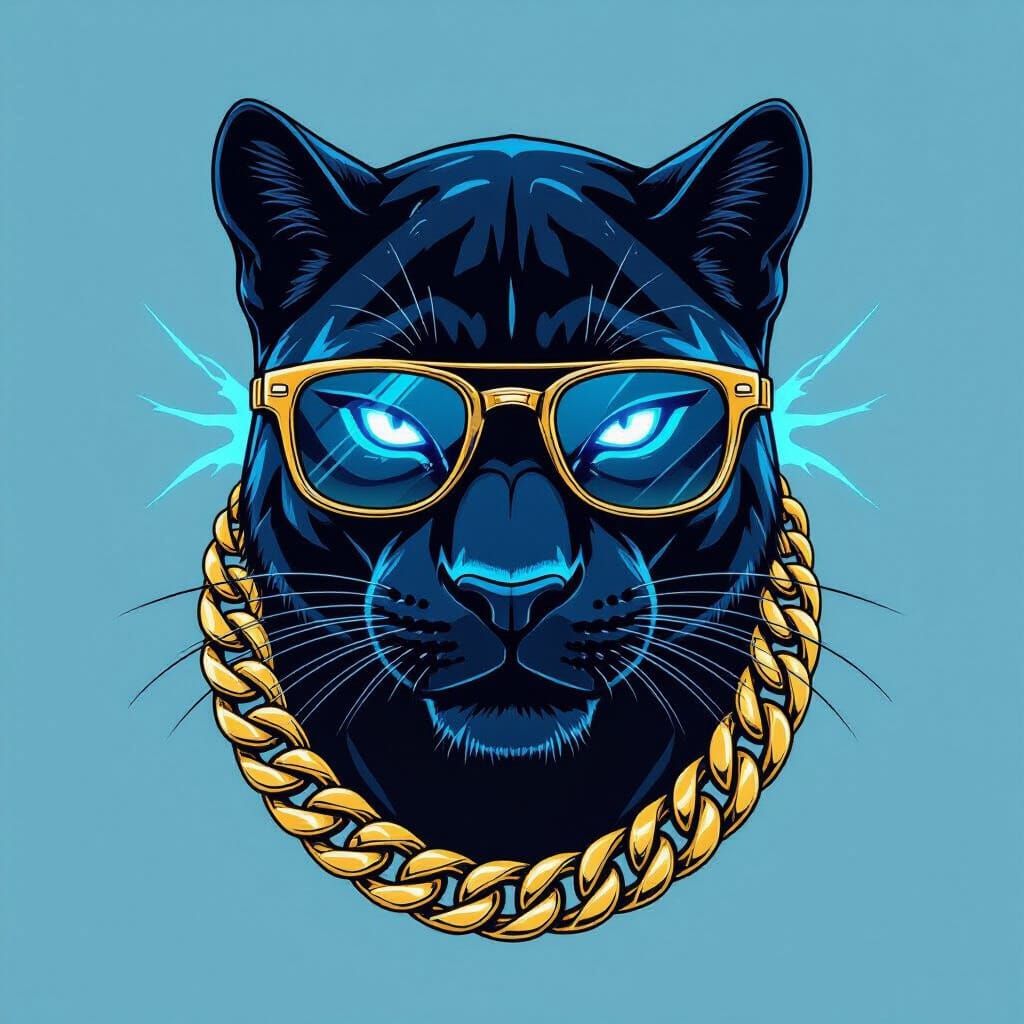 Black Panther Head with Neon Blue & Gold Accents