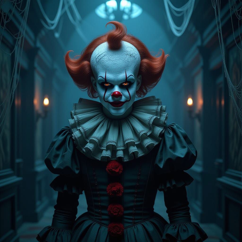Gothic Clown in Cobweb Hall Dark Fantasy Art