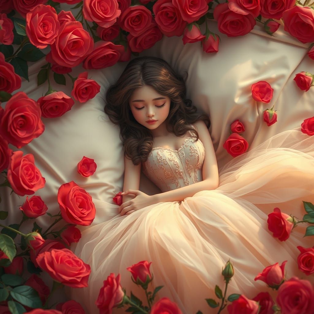 Sleeping Beauty Surrounded by Red Roses in Digital Art