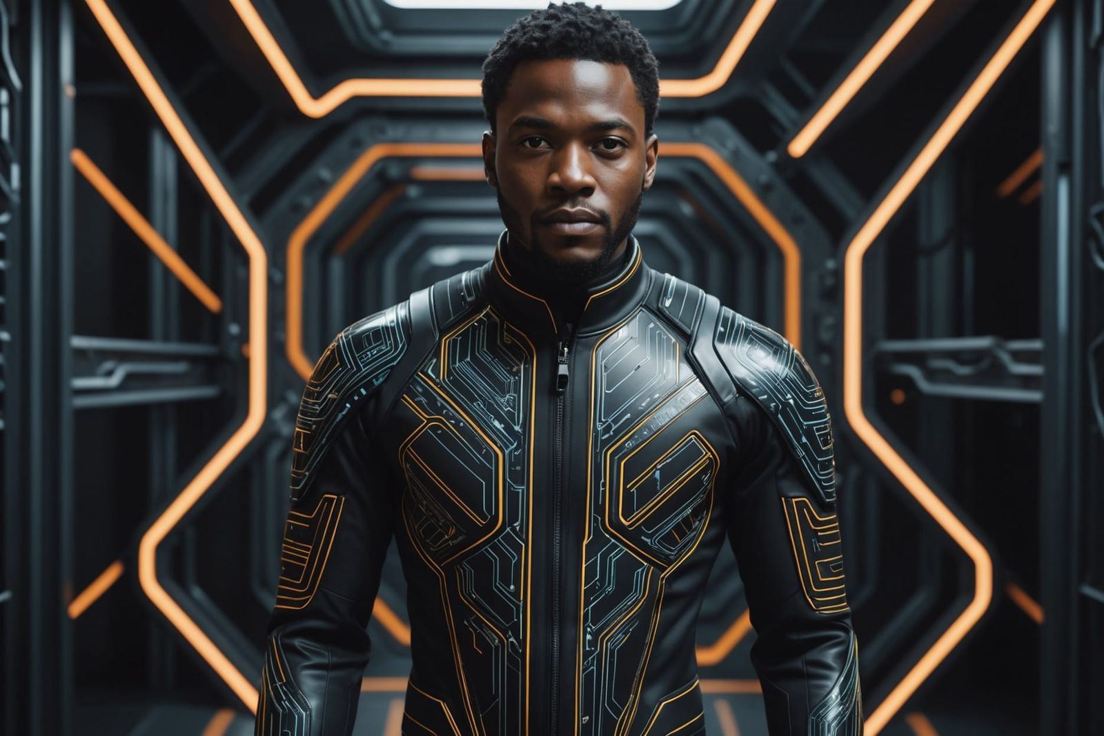 Futuristic Black Man in High-Tech Neoprene Suit