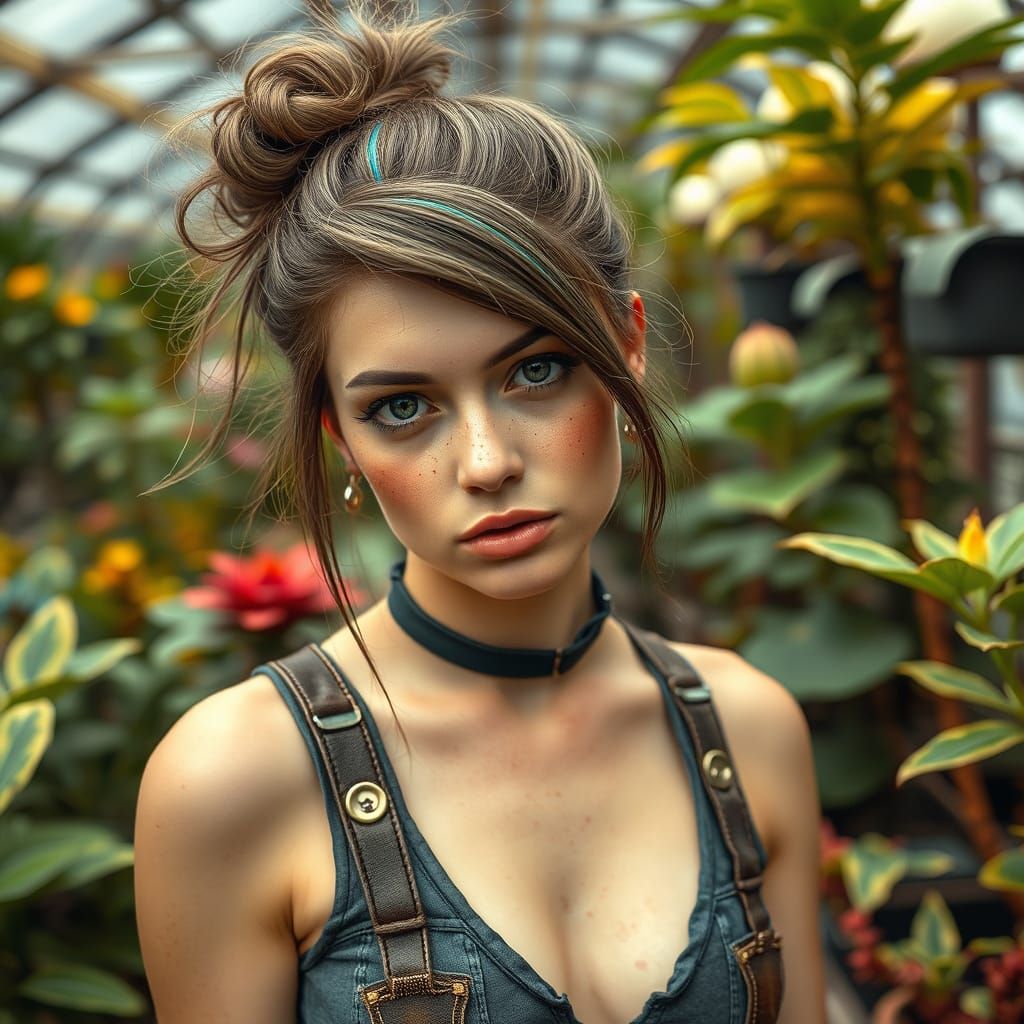 Steampunk Woman in Exotic Greenhouse