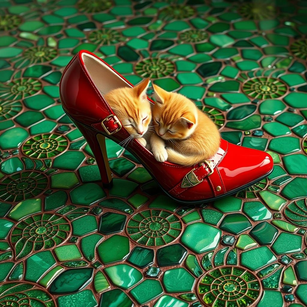 Elegant Red Patent Pump with Kittens in Art Nouveau Style