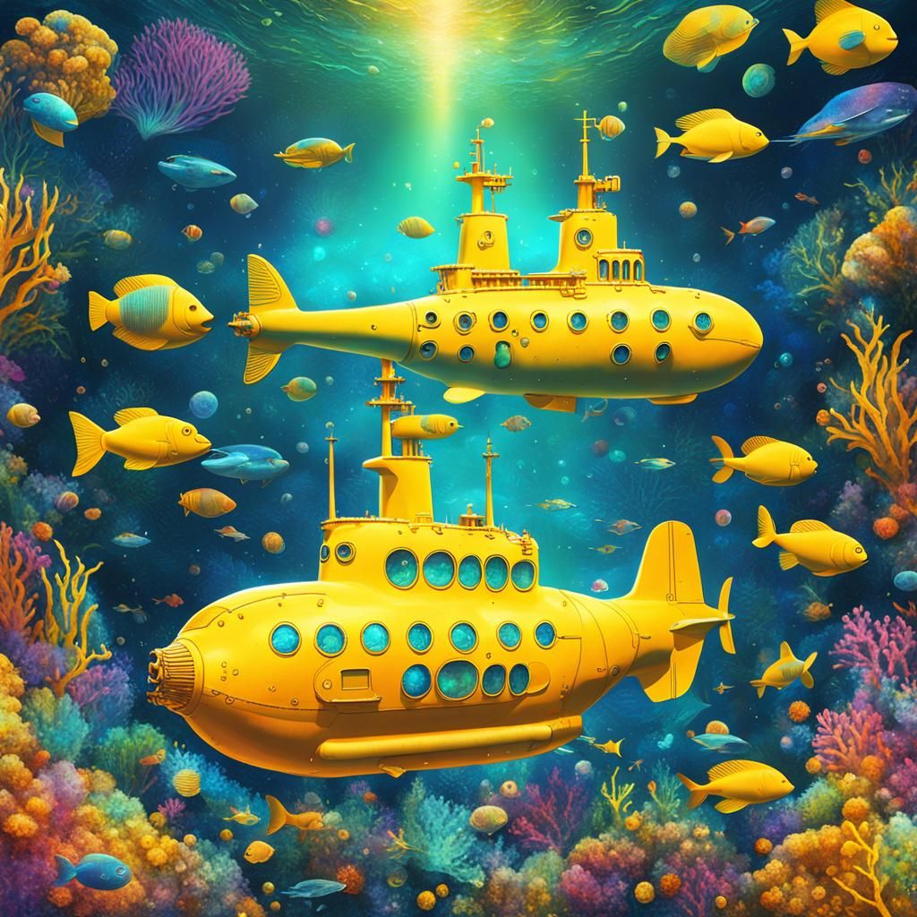 Giant Yellow Submarine in Astral Undersea Illustration