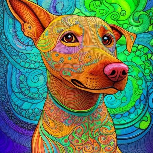 Dog Barking at Reflection in Colorful Fine Line Art