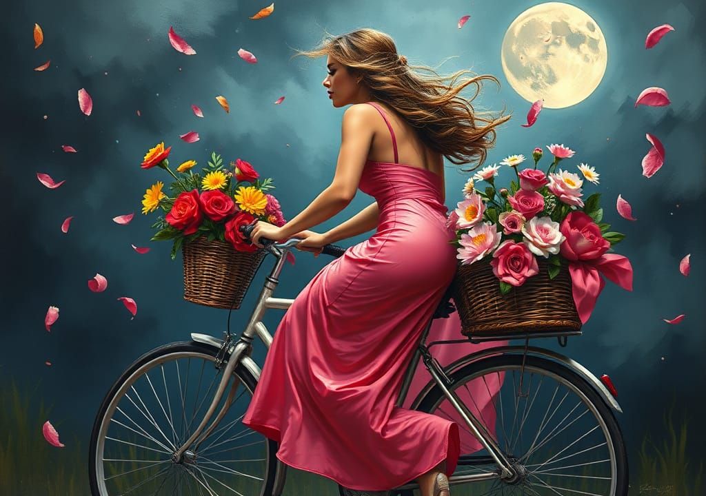 Woman on Bicycle with Flowers in Oil Painting Style
