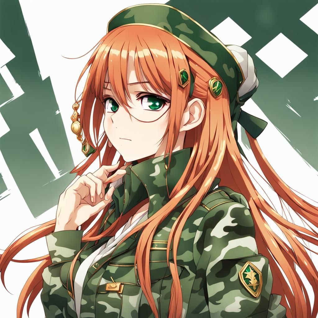 Anime Girl with Red-Gold Hair and Camouflage Accessories