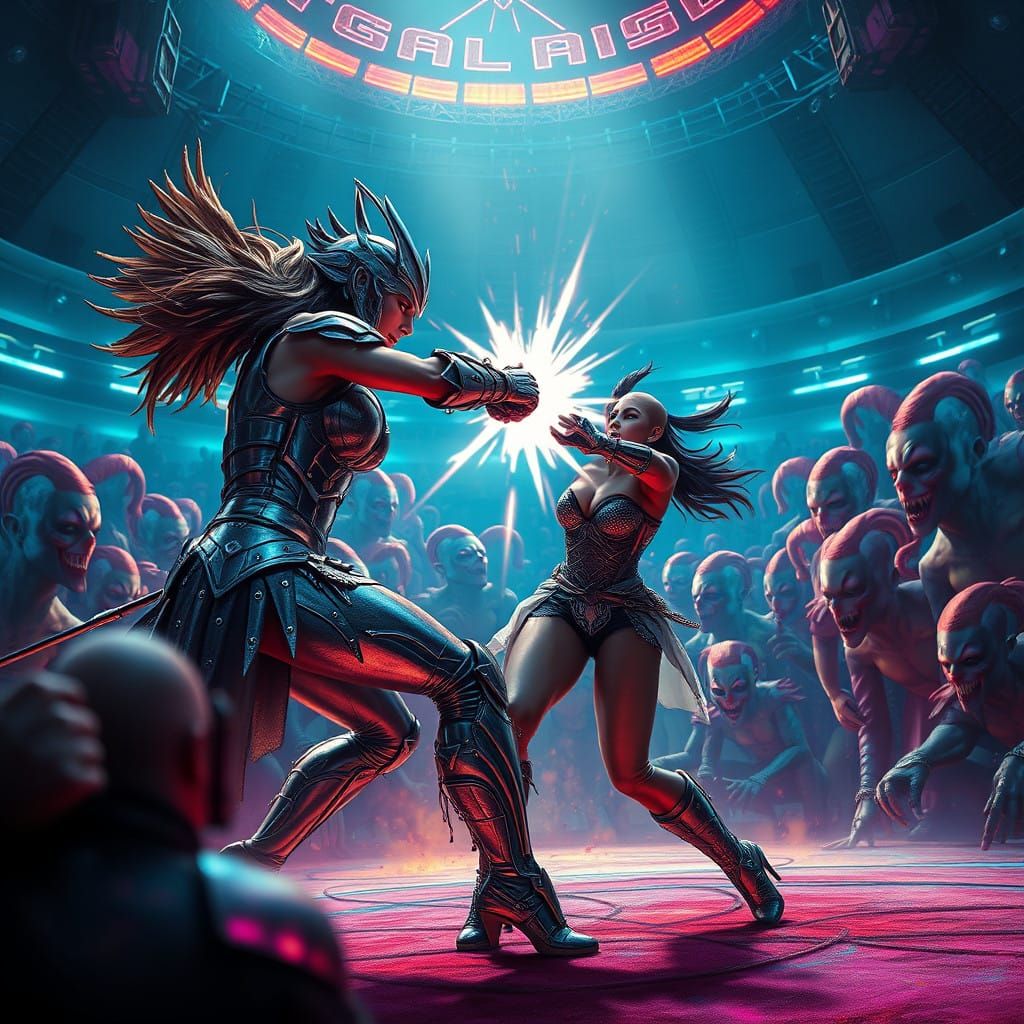 Cyberpunk Warrior Delivers Crushing Blow in Electric Arena