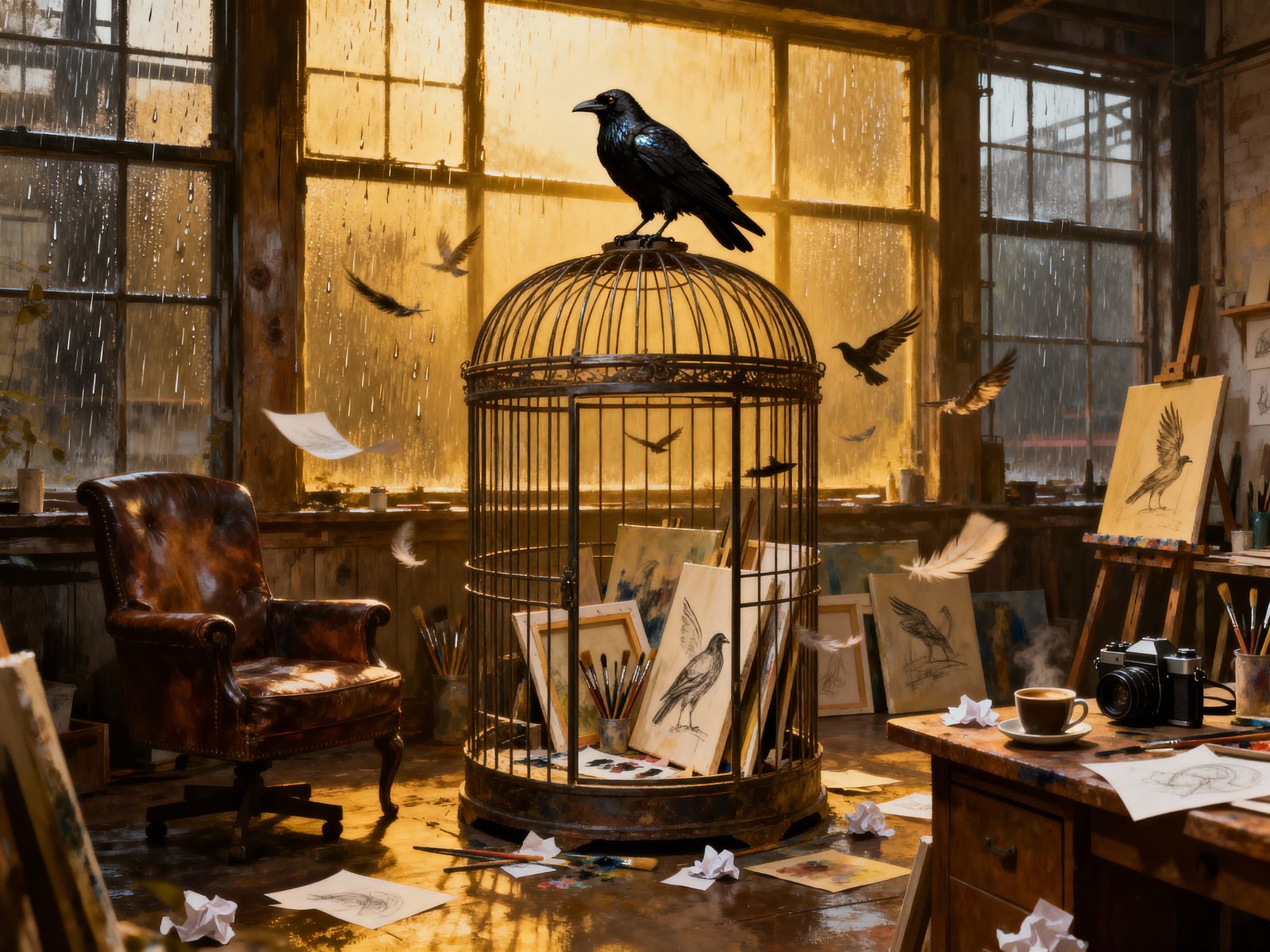 Artist's Studio with Raven and Birdcage in Golden Light