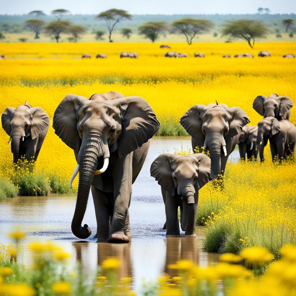 Elephants Crossing a Yellow Flower Field
