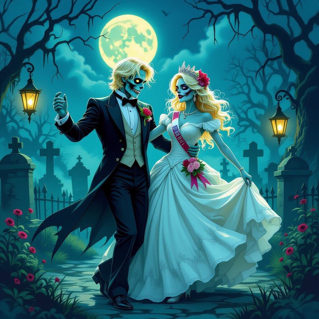 Zombie Prom King and Queen Dance in Eerie Cemetery