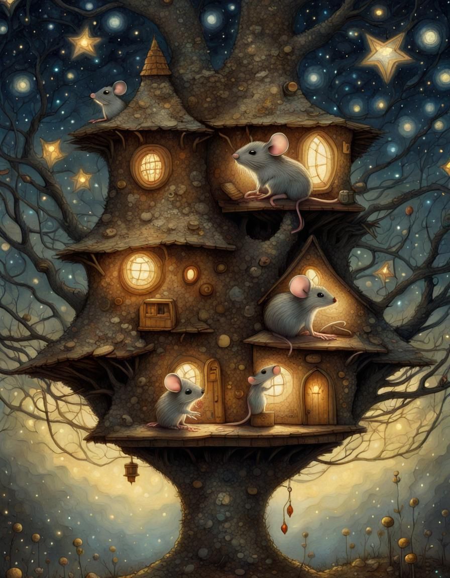 Whimsical Mouse Home Under Starry Night Sky